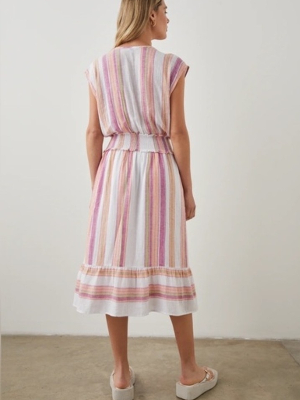 Rails Ashlyn Linen Blend Hibiscus Striped Midi Dress with Smocked Waist, Size M - Picture 2 of 5